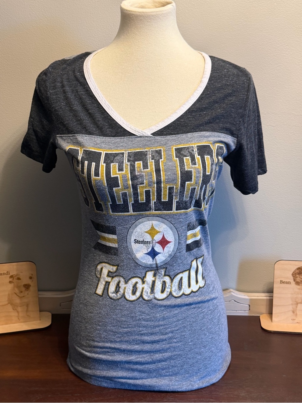 NFL Pittsburgh Steelers Women's Short Sleeve V-Neck Tee in Gray, Black, Gold